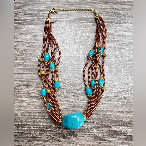 Jewelry - Boutique Boho Necklace Resin and Wood Beads Faux Turquoise Rock Stones